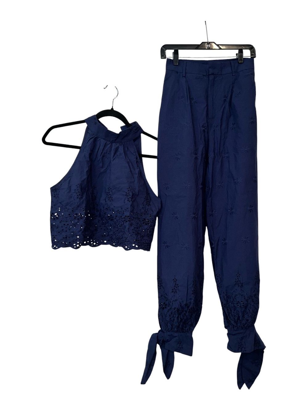 COMMENSE Eyelet Embroidered Cotton Halter Top & Tie-Cuff Pants Set Navy Sm NWT - Picture 6 of 15